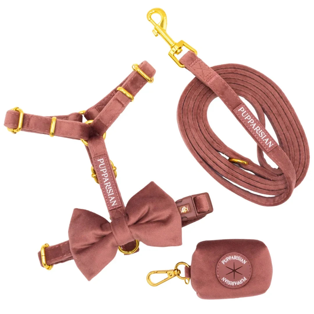 Welurowe szelki guard dla psa z kokardą 2.0 - ceglasty róż