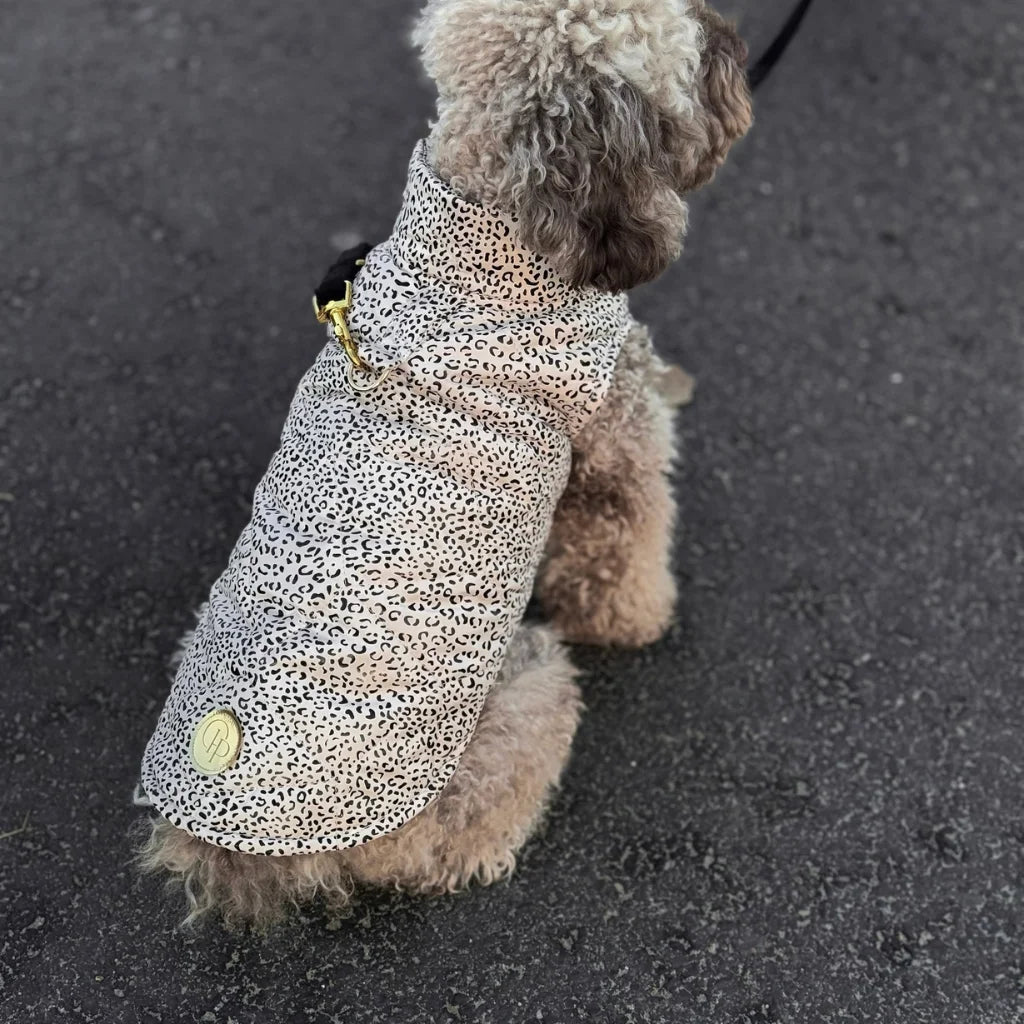 Zimní bunda pro psa s leopardím vzorem – světle béžová