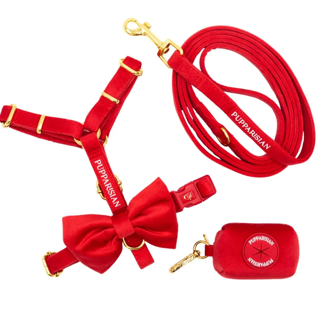 Sametový postroj typu guard pro psa s mašlí 2.0 – červený