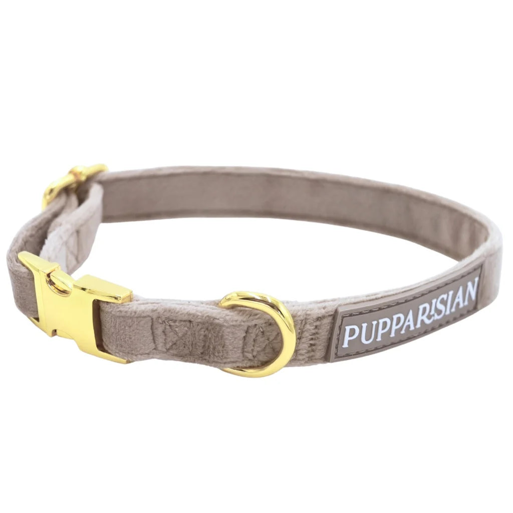 Sametový obojek s motýlkem pro psa – béžový