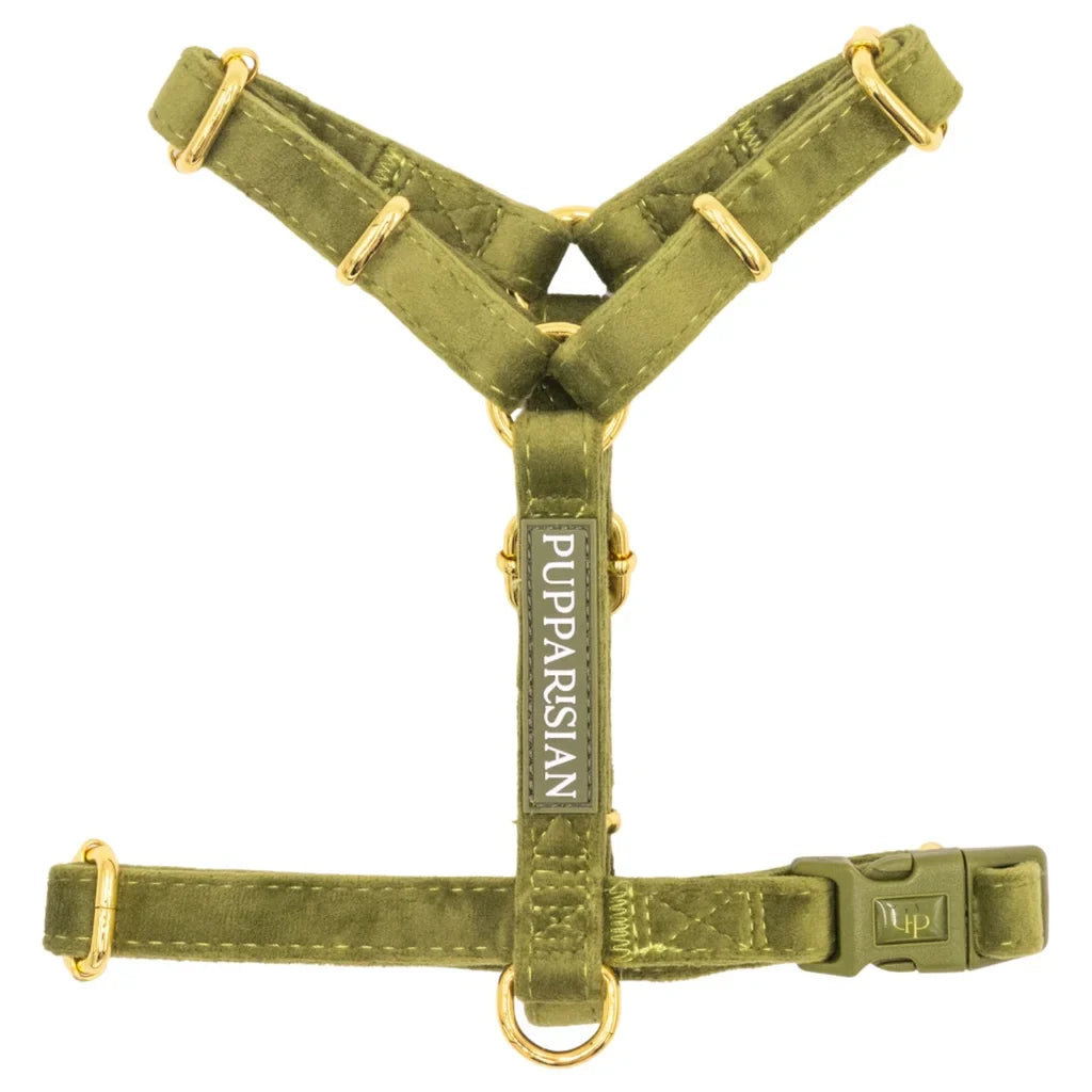 Sametový postroj typu guard pro psa 2.0 – olivově zelený