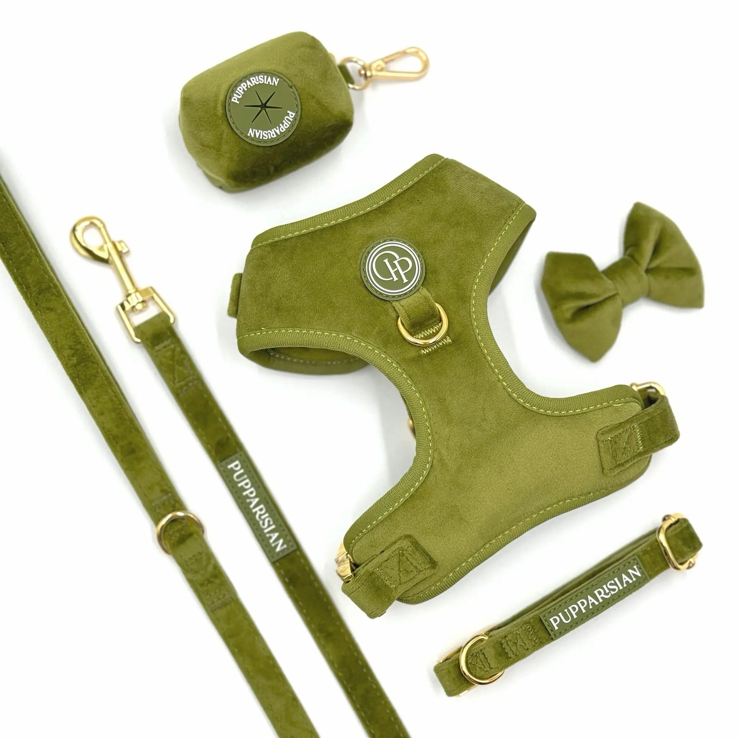 Sametový beztlakový postroj pro psa – olivově zelený