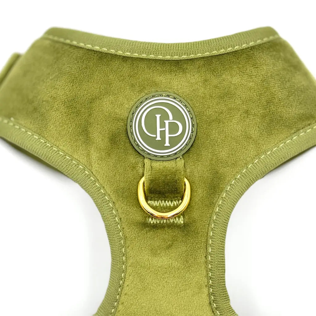 Sametový beztlakový postroj pro psa – olivově zelený