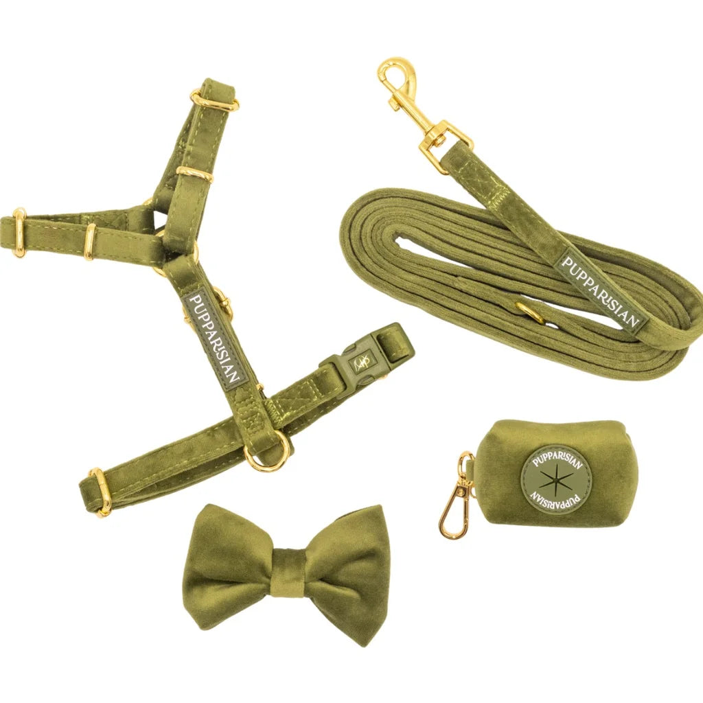 Sametový postroj typu guard pro psa 2.0 – olivově zelený