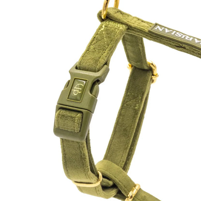 Sametový postroj typu guard pro psa s mašlí 2.0 – olivově zelený