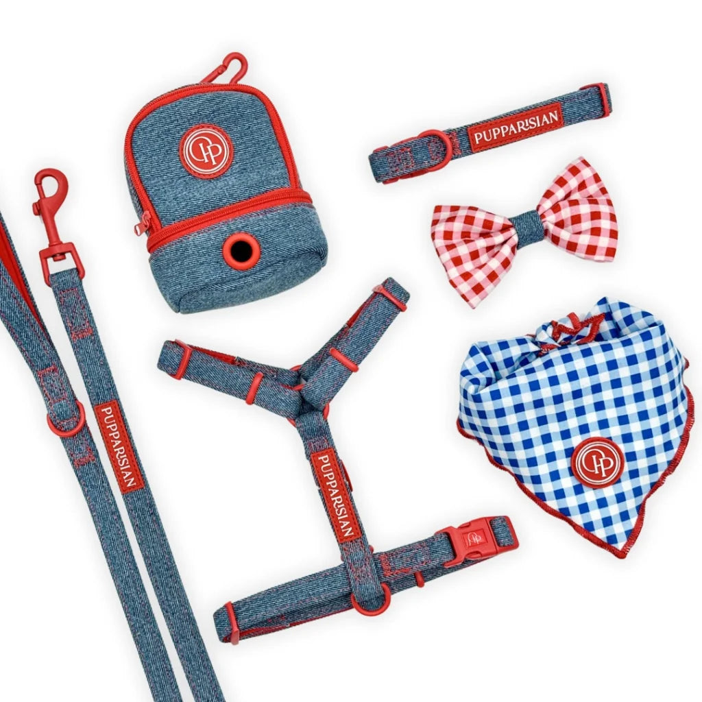 Postroj typu guard pro psa s mašlí – džínový