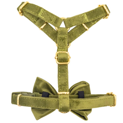 Sametový postroj typu guard pro psa s mašlí 2.0 – olivově zelený