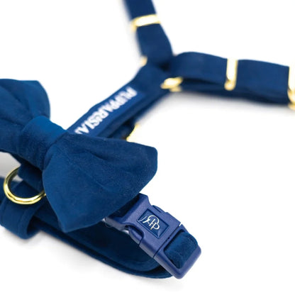 Sametový postroj typu guard pro psa s mašlí – tmavě modrý