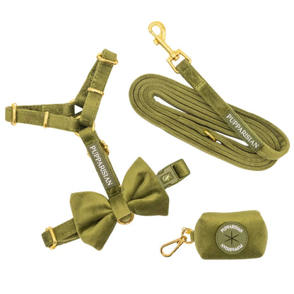 Sametový postroj typu guard pro psa s mašlí 2.0 – olivově zelený