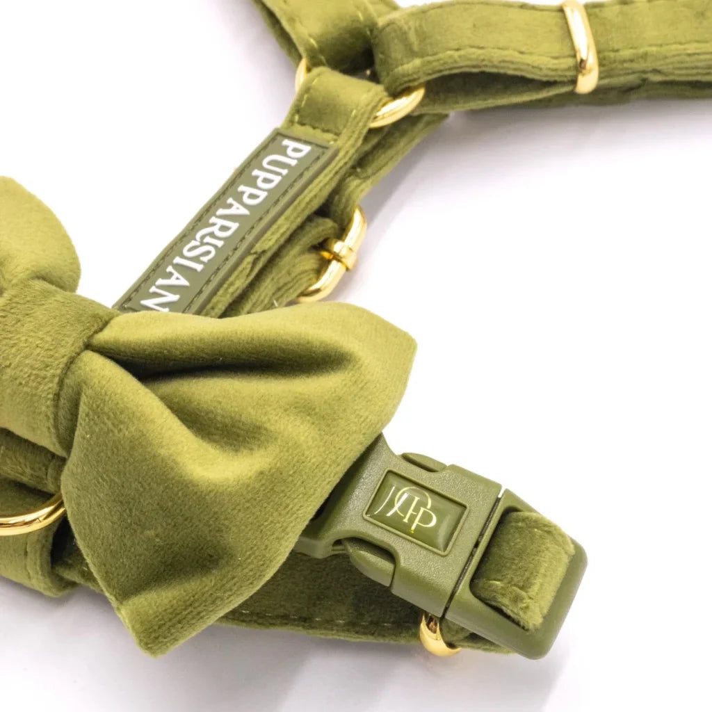 Sametový postroj typu guard pro psa s mašlí 2.0 – olivově zelený